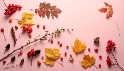Autumnal Still Life - Berries and Leaves on Pink Background.