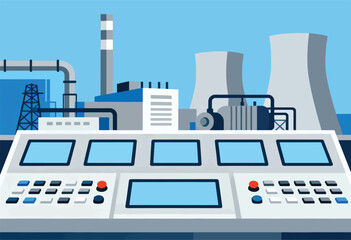 Illustration of an industrial plant control room with cooling towers, a smokestack, and a control panel