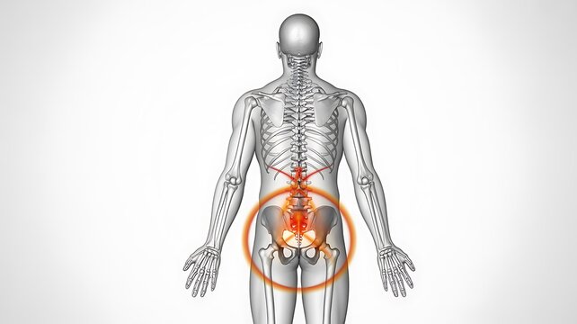 Human Skeleton with Lumbar Spine and Pelvis Pain Highlighted