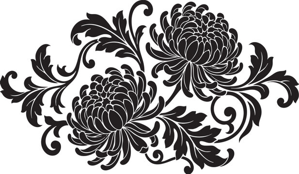Ornate Black and White Chrysanthemum Floral Scroll Pattern with Detailed Botanical Foliage