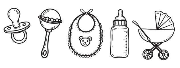 Hand-drawn set of black and white baby items including a pacifier, rattle, bib, bottle, and stroller in a cute doodle sketch style for newborn or baby shower themes