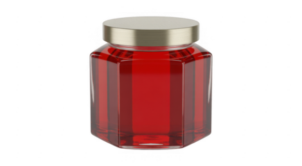 Octagonal glass jar filled with red liquid and metallic lid isolated on a transparent background