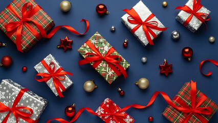 Festive holiday gift boxes adorned with red ribbons and scattered ornaments on a blue background