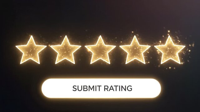 Five glowing stars with sparkle effects above bright submit rating button dark background showcasing excellence feedback and positive review, plus one and two star rating glowing interfaces