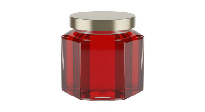 Octagonal glass jar filled with red liquid and metallic lid isolated on a transparent background