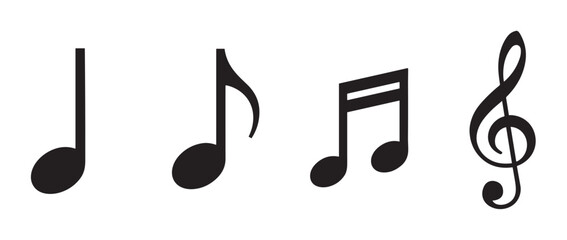Four black musical notation symbols including a treble clef, quarter note, eighth note, and sixteenth notes are arranged in a simple, clean, and minimalist graphic illustration