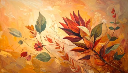 Abstract Floral Painting with Warm Tones and Textured Background.