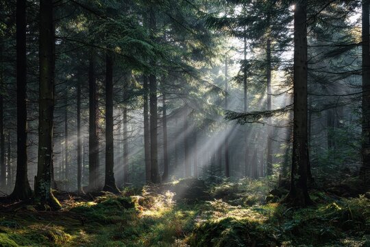 Sunlight filters through lush green trees in a tranquil forest, illuminating the earth with gentle beams during early morning hours