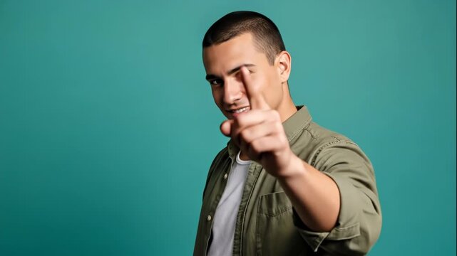 Young man with buzz cut wearing an olive green shirt smiles while pointing directly at the viewer against a teal background