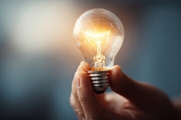 Hands hold a glowing light bulb symbolizing innovation and creativity in a bright and inspiring environment