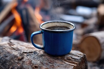 Steaming blue enamel cup of coffee placed on a wooden log near a warm campfire in the outdoors during evening hours