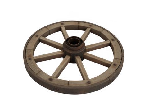 Old wooden wagon wheel with metal hub and spokes isolated on a transparent background