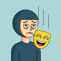 Person with a sad face holding a happy mask, hiding emotions.