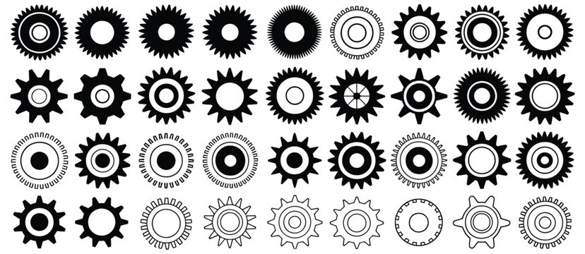 Gear icon vector set, black cogwheel collection, mechanical gear shapes, engineering symbols, industrial machinery components, sprocket designs, abstract gearwheel graphics, isolated vector 