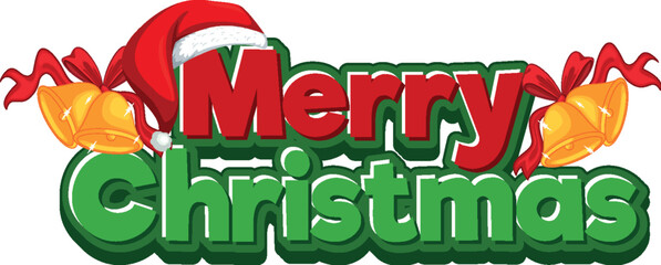 Cartoon merry christmas text with bells hat ribbons vector