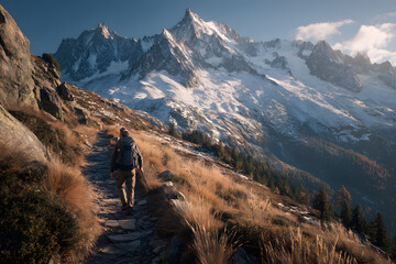 Hiker walking to mountains