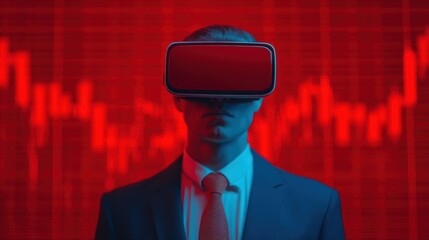 A man in a suit wears a VR headset against a backdrop of fluctuating red financial graphs, symbolizing the intersection of technology and finance.