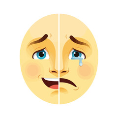 Split Face Emoji Showing Happy and Sad Emotions Simultaneously.