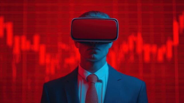 A man in a suit wears a VR headset against a backdrop of fluctuating red financial graphs, symbolizing the intersection of technology and finance.