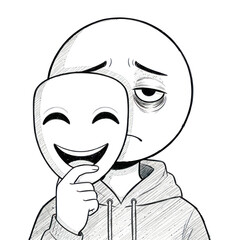Person holding a smiling mask revealing a sad expression.