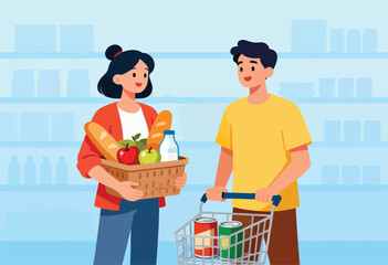 A couple shops at a grocery store, the woman holds a basket of food, the man pushes a cart with canned goods
