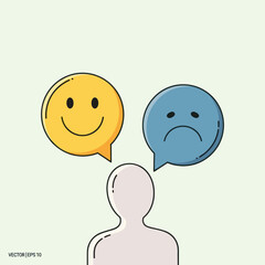 Person with Happy and Sad Emoticon Speech Bubbles.