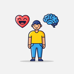 Young man choosing between an emotional heart and a logical brain.