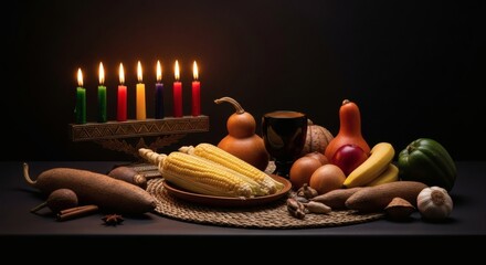 A traditional Kwanzaa celebration display featuring a lit Kinara with seven candles, various fruits, vegetables, and gourds arranged on a dark surface.