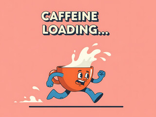 Caffeine Loading Vector Illustration, Running Coffee Cup Character