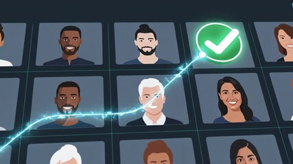 Virtual recruitment featuring diverse candidate portraits with glowing checkmark for selection and approval in digital interface, showcasing virtual meeting screen and communication networking online - Powered by Adobe