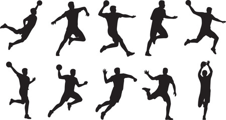 Silhouettes of handball players in various action poses