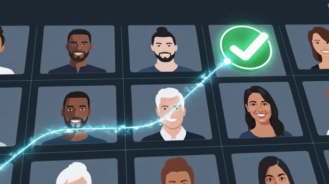 Virtual recruitment featuring diverse candidate portraits with glowing checkmark for selection and approval in digital interface, showcasing virtual meeting screen and communication networking online
