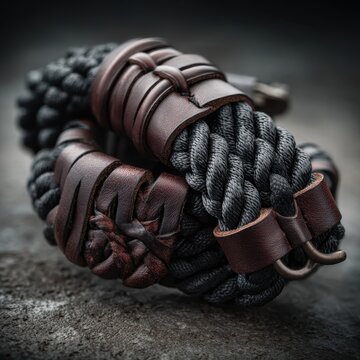 Detailed macro view of a handmade woven bracelet featuring black paracord and brown leather accents with metallic hardware on a rough concrete like background.