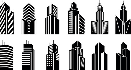Commercial Business Office Building Silhouette, Corporate Headquarters and Administrative Center Graphic, Monochrome Architecture Vector, Retro Townscape and Tree Illustration.