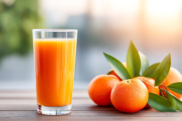 Fresh orange juice served with ripe oranges on a wooden table Generative AI