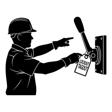 Worker silhouette demonstrating industrial lockout tagout safety protocol isolated on white background, Vector