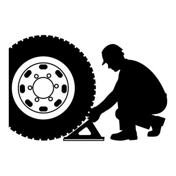 Worker placing wheel chock under a heavy vehicle tire for safety measures isolated on white background, Vector