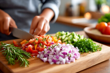 Chopping fresh vegetables while preparing a healthy meal in a cozy kitchen Generative AI