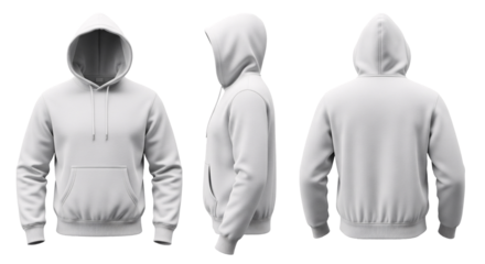 Blank White Hoodie Mockup Front, Side, and Back Views on Transparent Background for Apparel Design
