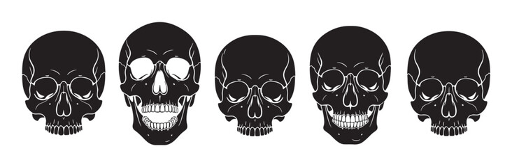 Set of five black human skulls with white outlines in a stylized graphic design, showing various expressions from menacing to screaming in a horizontal row arrangement