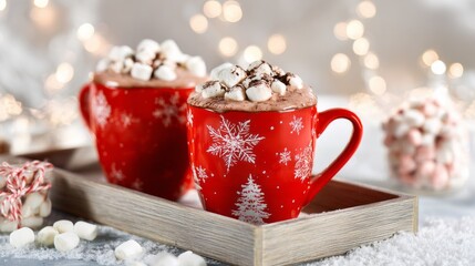 Two bright red mugs filled with rich hot chocolate topped with marshmallows sit on a wooden tray. The background sparkles with holiday lights, creating a warm, cheerful atmosphere