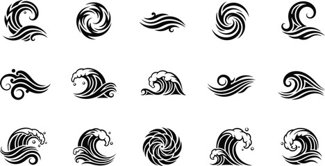 Fototapeta premium Ocean waves collection. Sea storm wave isolated. Waves, water elements set. Nature wave water storm linear style illustration