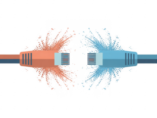 Orange and blue ethernet cables connecting with particle bursts isolated on a transparent background