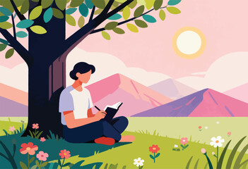 A person sits under a tree writing in a notebook, with a view of mountains and sun