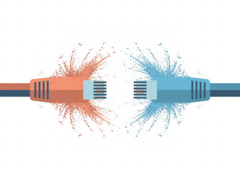 Orange and blue ethernet cables connecting with particle bursts isolated on a transparent background