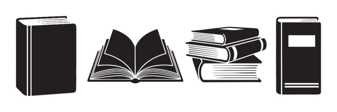 Set of four black book icons showing an open book, a closed book, and a stack of books in a minimalist graphic style for educational concepts
