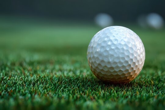 Realistic close-up of a golf ball resting on lush green grass during a sunny afternoon on the golf course at a local golf club with blurred background elements