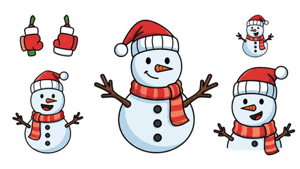 Cheerful cartoon snowman characters with red hats and scarves, perfect for various winter holiday designs and decorations