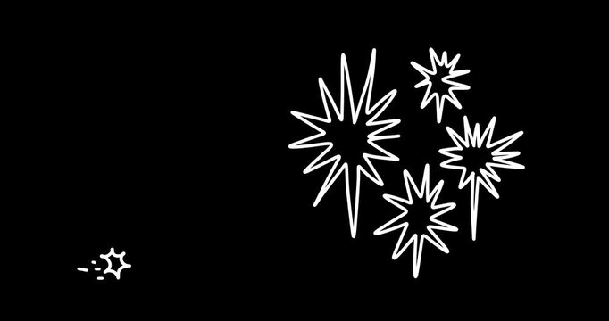 Hand drawn animated shining stars set. Glowing sparkle animation, doodle cartoon twinkling stars with glitter burst effect. Magic glitter line stars, sparkle motion on transparent background, 4K.