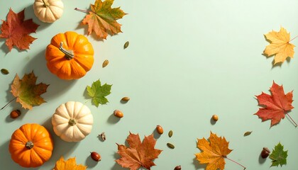 Autumnal Still Life with Pumpkins and Maple Leaves.